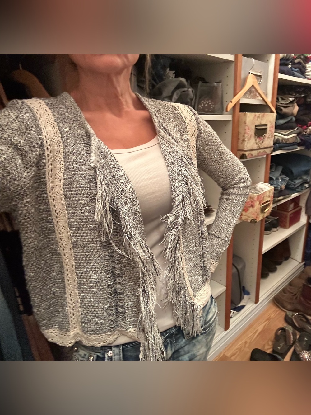 Chico Cream & Gray Fringe Open-Front Women's Sweater Cardigan